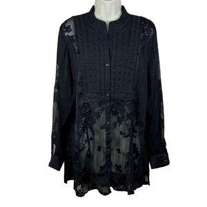 Coldwater Creek Womens Blouse Top Black Sheer Floral Burnout Size XL Whimsygoth